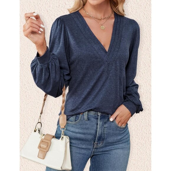 Womens V Neck Long Sleeve Tops Dressy Casual Fall Shirts Puff Sleeve Tunic - Picture 4 of 5